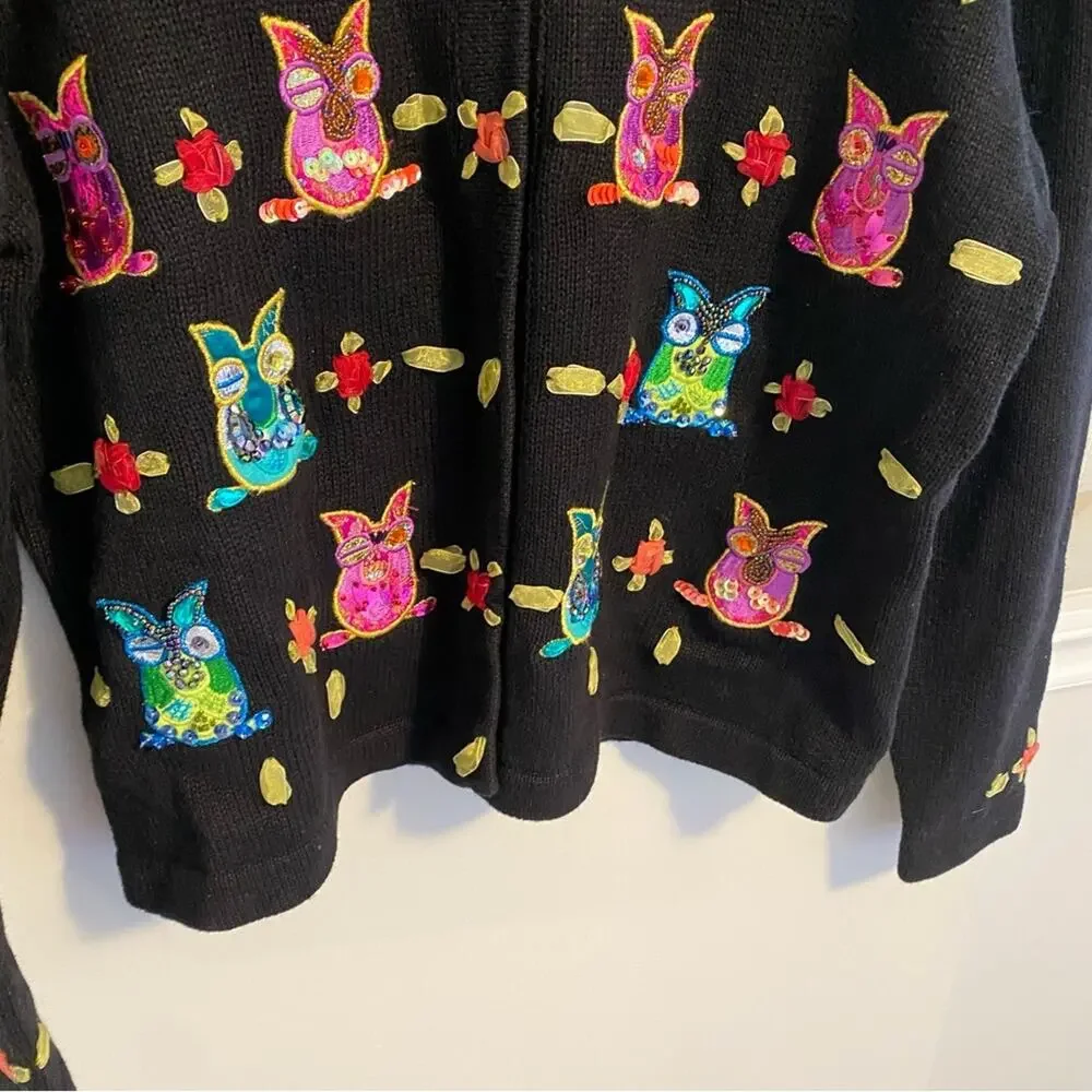 Vintage Jack B. Quick Black Owl Beaded Cardigan Sweater Medium